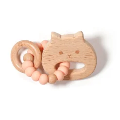 Bulle Teething Toys>Cat Wood Rattle - Peach