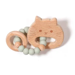 Bulle Teething Toys>Cat Wood Rattle - Sage