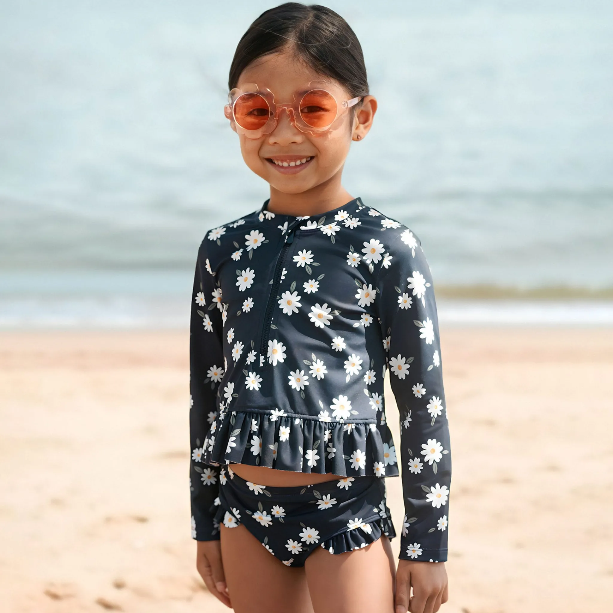 Kids Petit Lem Daisies 2 Piece Long Sleeve Swimsuit 2-5y