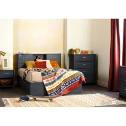 South Shore Double Bed Bookcase Headboard with Sliding Doors Asten - Blueberry