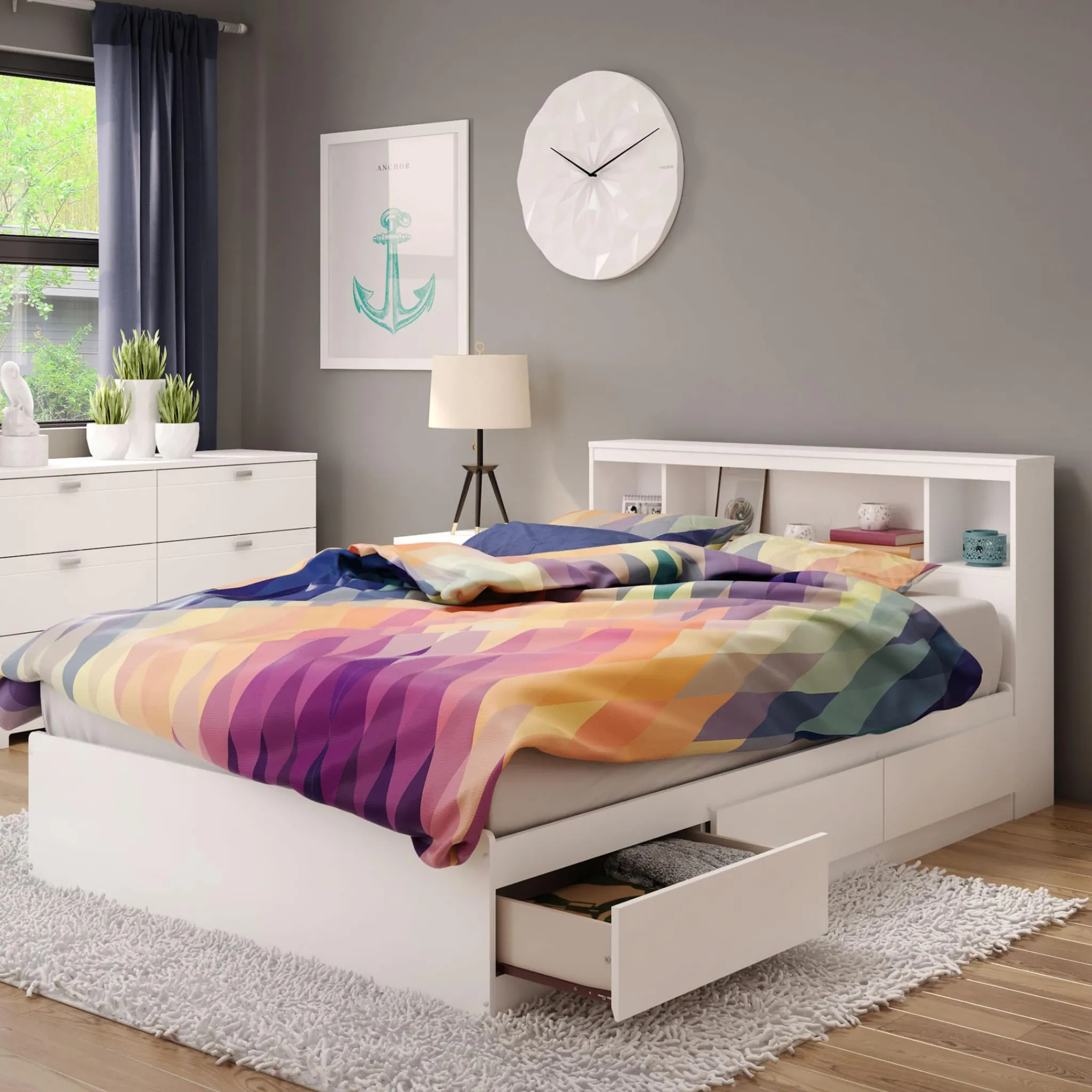 South Shore Double Mates Bed With Bookcase Headboard Set - Reevo Pure White