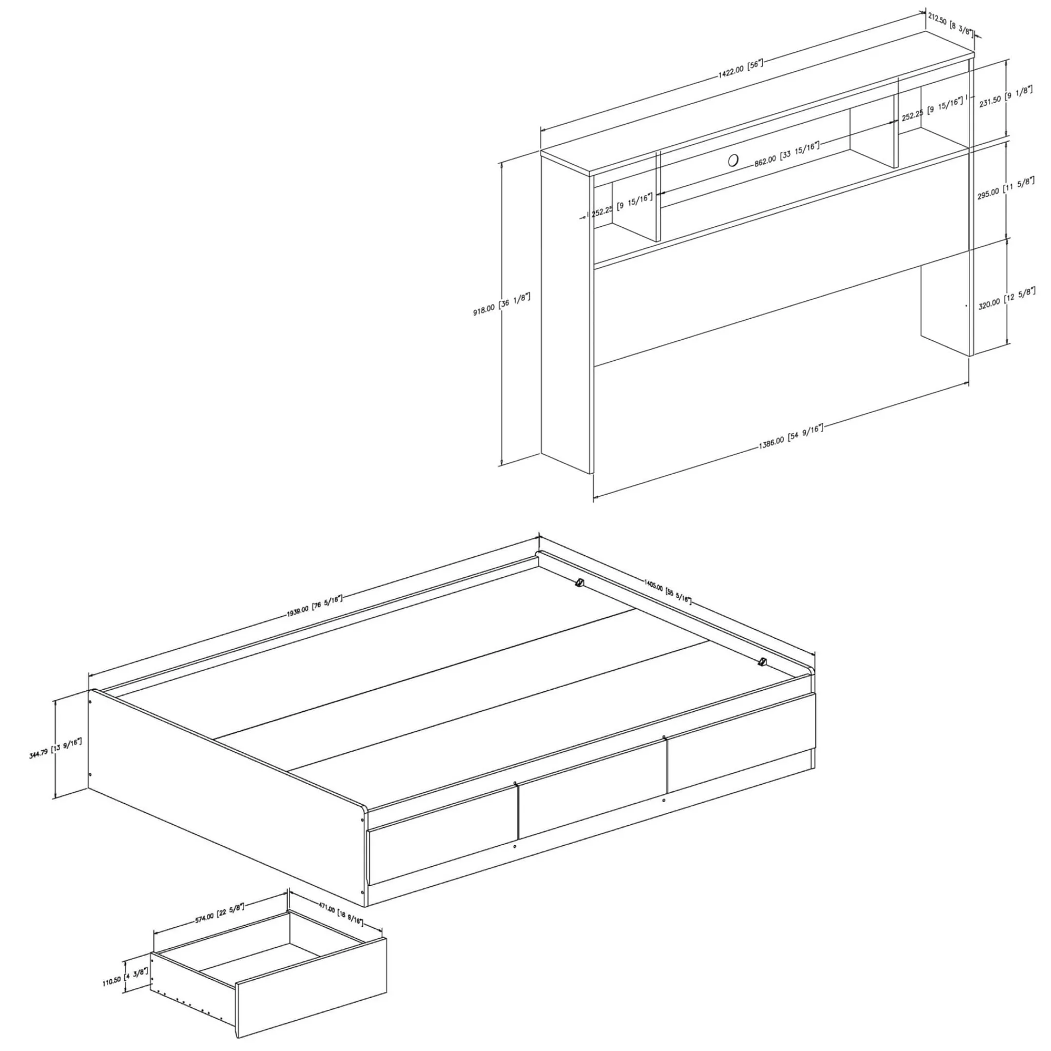 South Shore Double Mates Bed With Bookcase Headboard Set - Reevo Pure White
