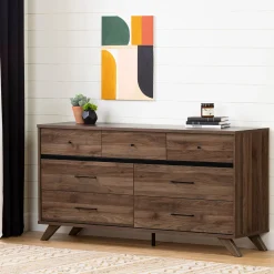 South Shore Storage Furniture>7-Drawer Double Dresser - Flam Natural Walnut and Matte Black