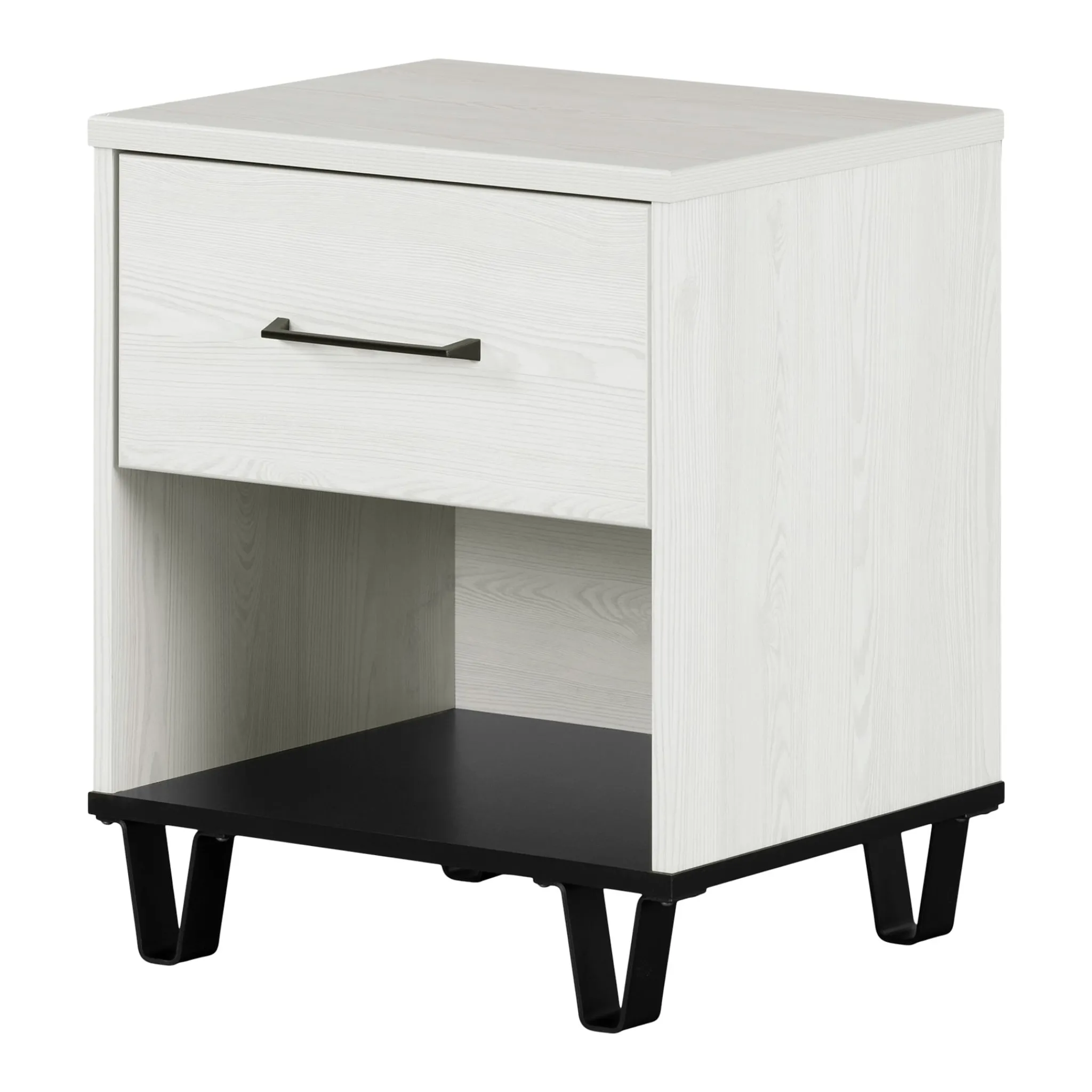 South Shore Nightstands>1-Drawer Nightstand - Arlen White Pine and Black Matte