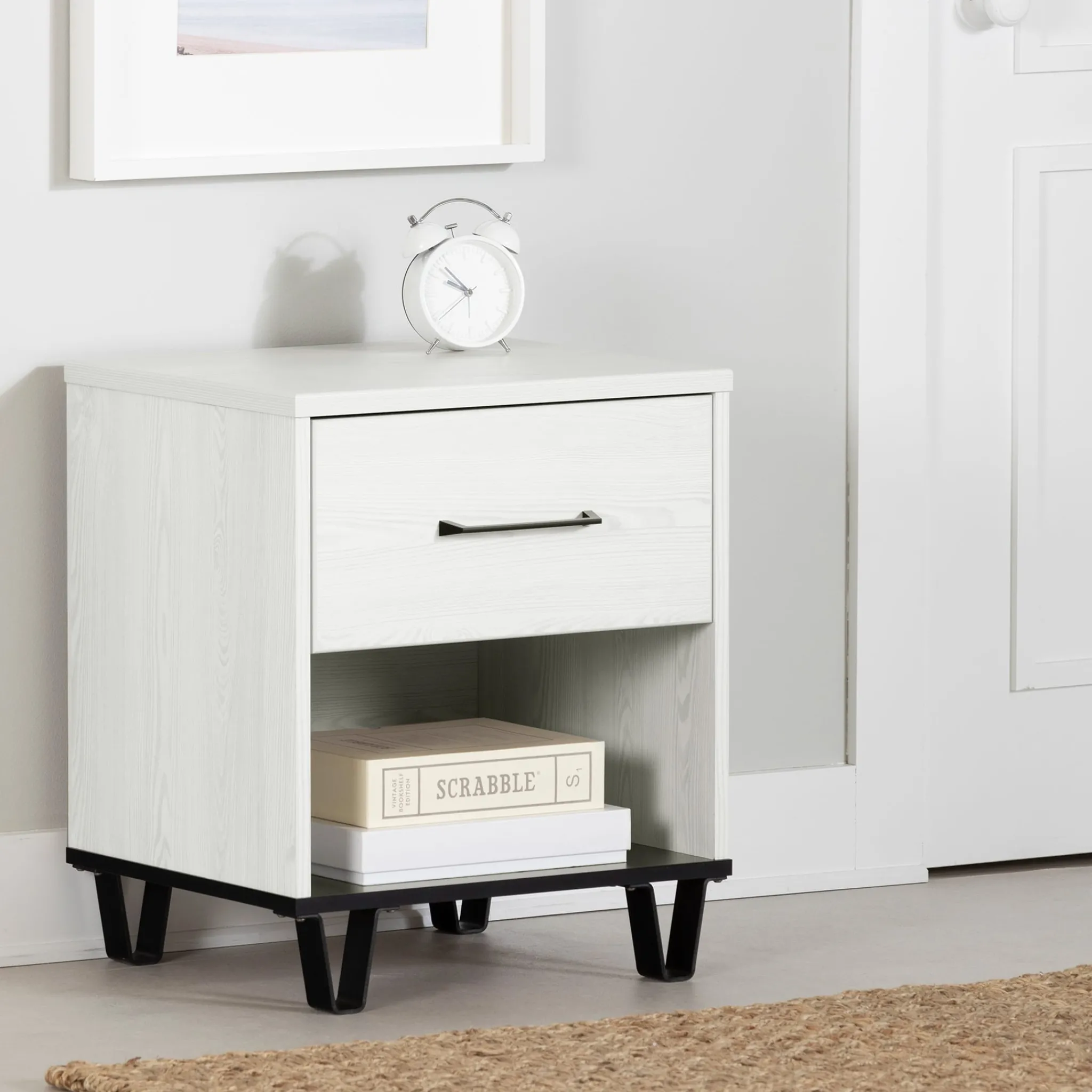 South Shore Nightstands>1-Drawer Nightstand - Arlen White Pine and Black Matte