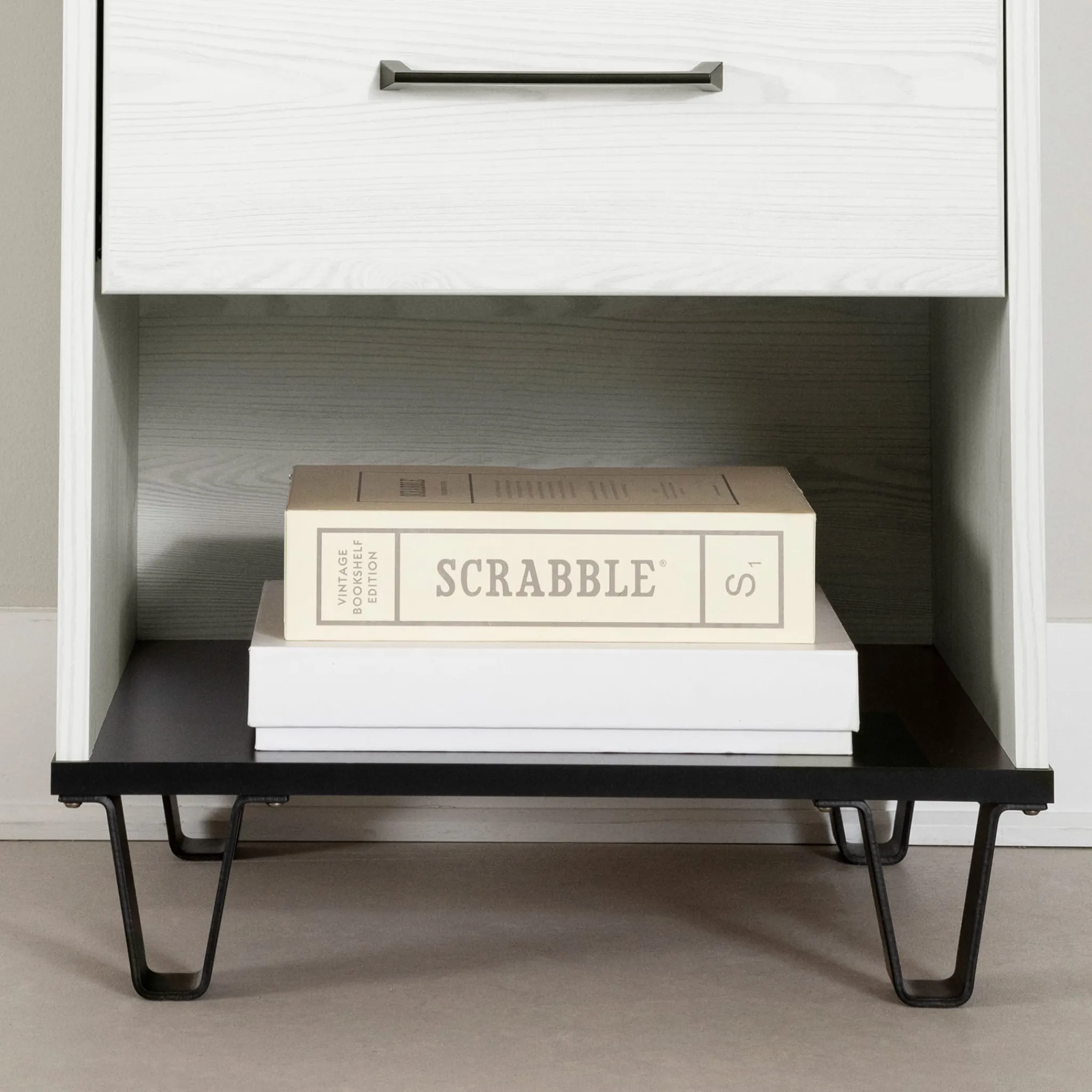 South Shore Nightstands>1-Drawer Nightstand - Arlen White Pine and Black Matte
