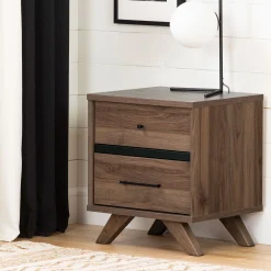 South Shore 2-Drawer Nightstand - Flam Natural Walnut and Matte Black