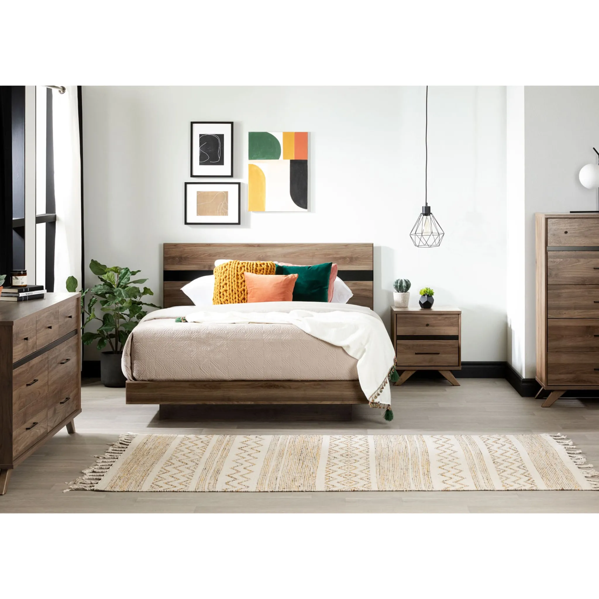 South Shore 2-Drawer Nightstand - Flam Natural Walnut and Matte Black
