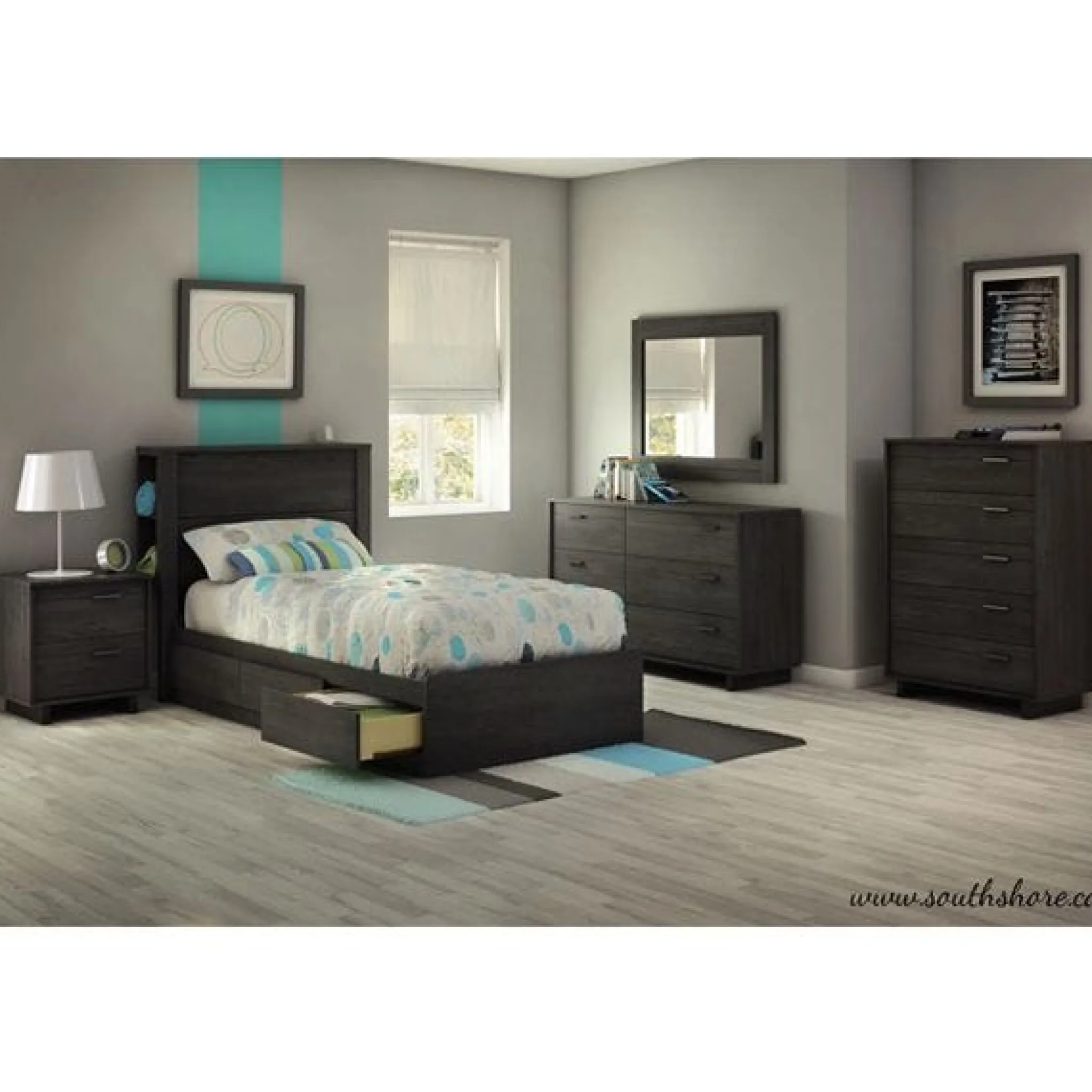 South Shore Twin, Full & Queen Beds>Fynn Twin Mates Bed with 3 Drawers - Gray Oak