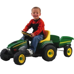 Kids Peg Perego John Deere Farm Tractor With Trailer - Green/Yellow