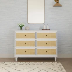 Namesake Storage Furniture>Marin with Cane 6 Drawer Assembled Dresser - Warm White and Honey Cane