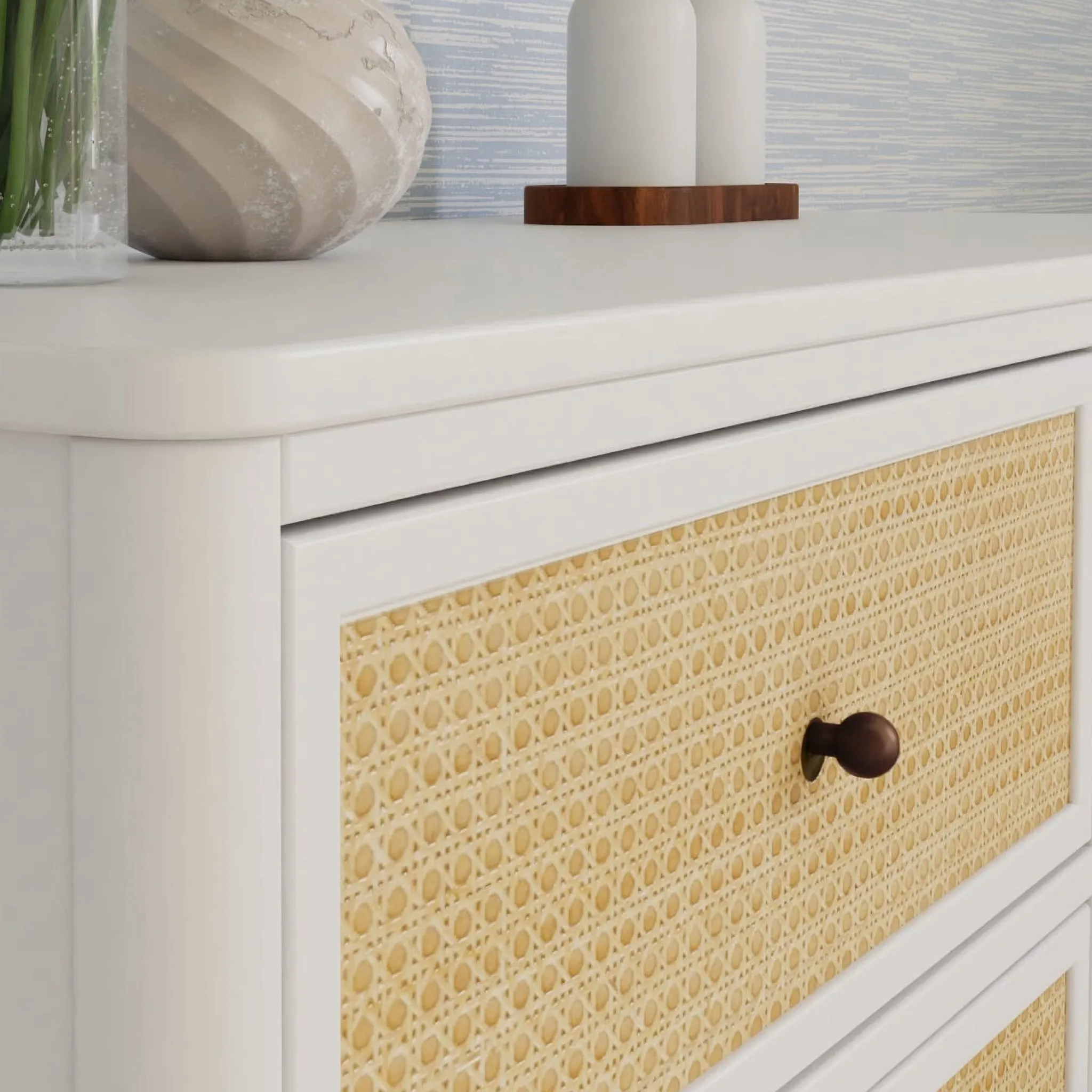 Namesake Storage Furniture>Marin with Cane 6 Drawer Assembled Dresser - Warm White and Honey Cane