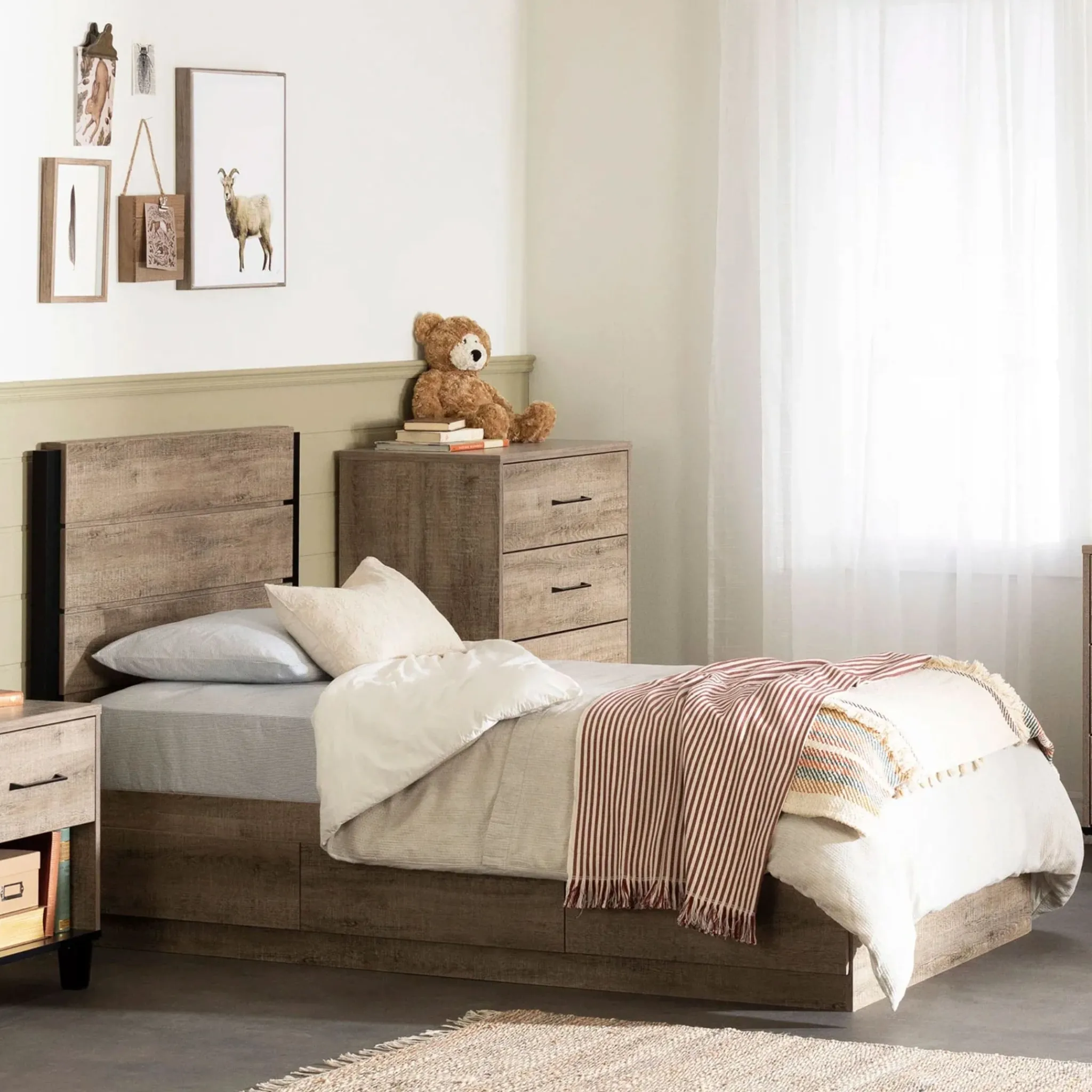South Shore Mates Bed with 3 Drawers - Arlen Weathered Oak