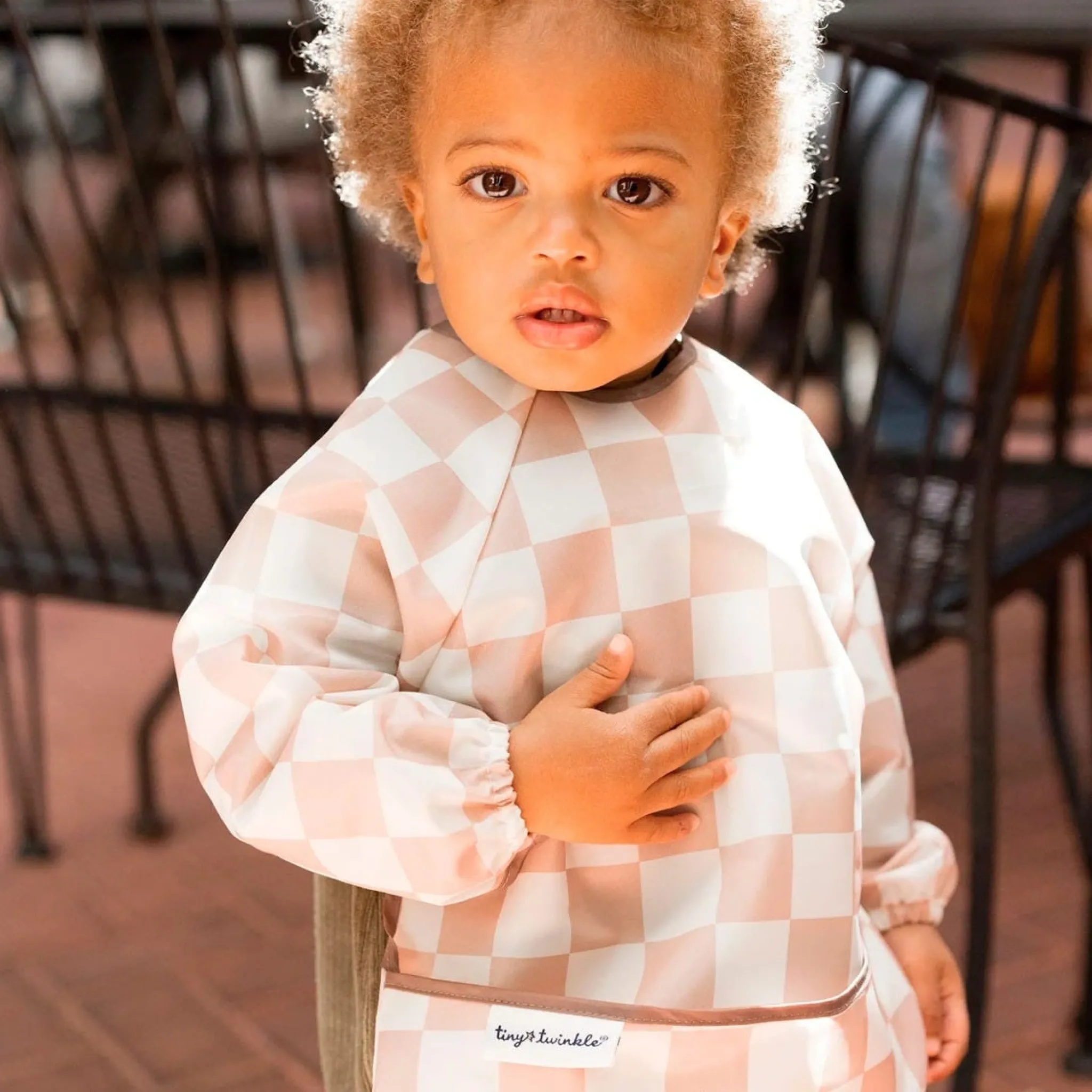 Kids Tiny Twinkle Mess-proof Full Sleeved Bib - Brown Checkers 6-24m