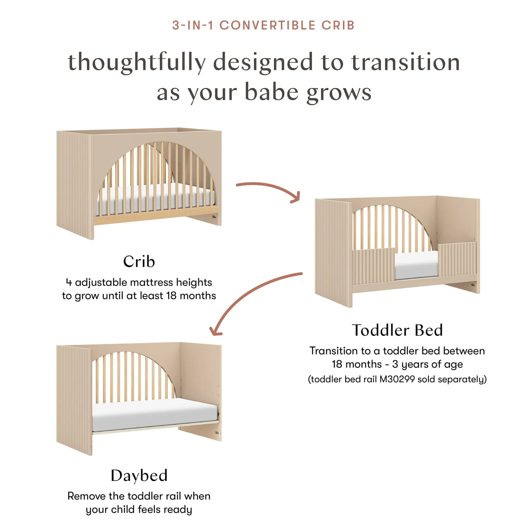 Babyletto Moab 3-in-1 Convertible Crib - Taupe/Ash