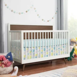 Babyletto Palma Mid-Century 4-in-1 Convertible Crib with Toddler Bed Conversion - Warm White / Natural Walnut