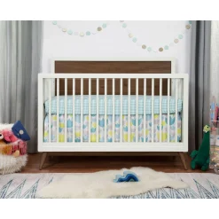 Babyletto Palma Mid-Century 4-in-1 Convertible Crib with Toddler Bed Conversion - Warm White / Natural Walnut