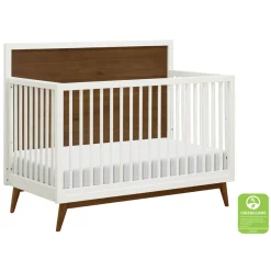 Babyletto Palma Mid-Century 4-in-1 Convertible Crib with Toddler Bed Conversion - Warm White / Natural Walnut
