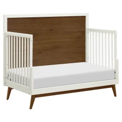 Babyletto Palma Mid-Century 4-in-1 Convertible Crib with Toddler Bed Conversion - Warm White / Natural Walnut