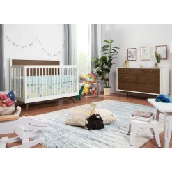 Babyletto Palma Mid-Century 4-in-1 Convertible Crib with Toddler Bed Conversion - Warm White / Natural Walnut