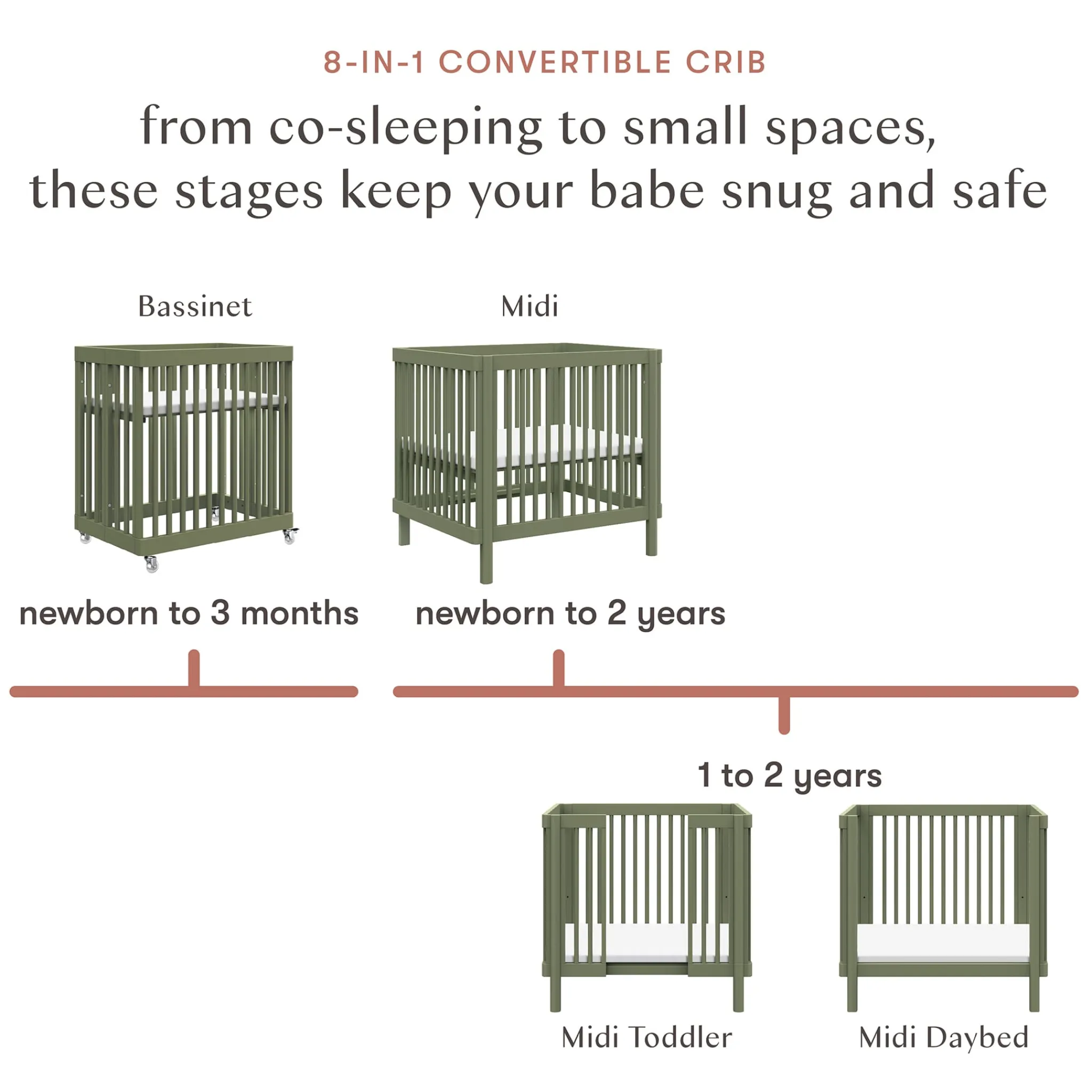 Babyletto Cribs & Mattresses|Cribs & Mattresses>Pogo 8-in-1 Convertible Crib with All-Stages Conversion Kits - Olive