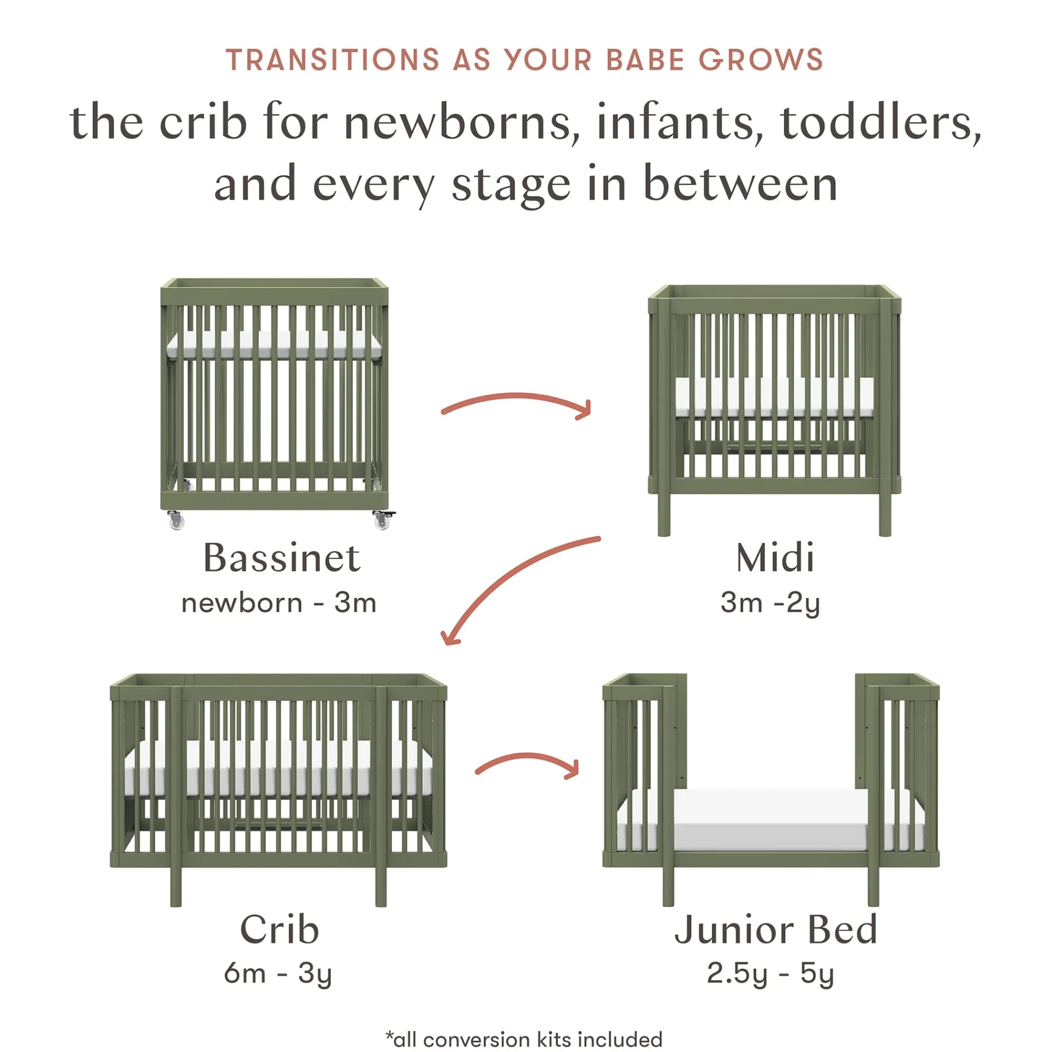Babyletto Cribs & Mattresses|Cribs & Mattresses>Pogo 8-in-1 Convertible Crib with All-Stages Conversion Kits - Olive