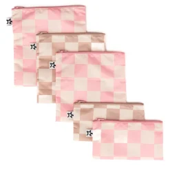 Kids Tiny Twinkle Snack Bags & Containers|Tableware>Reusable Snack Bags 5-Pack - Pink / Brown Checkers