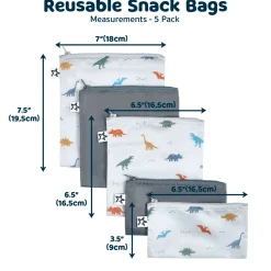 Kids Tiny Twinkle Snack Bags & Containers|Tableware>Reusable Snack Bags 5-Pack - Dinosaurs