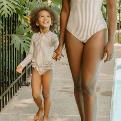 Kids Petit Lem Swimsuits>Striped Long Sleeve UV Swimsuit 2-6y