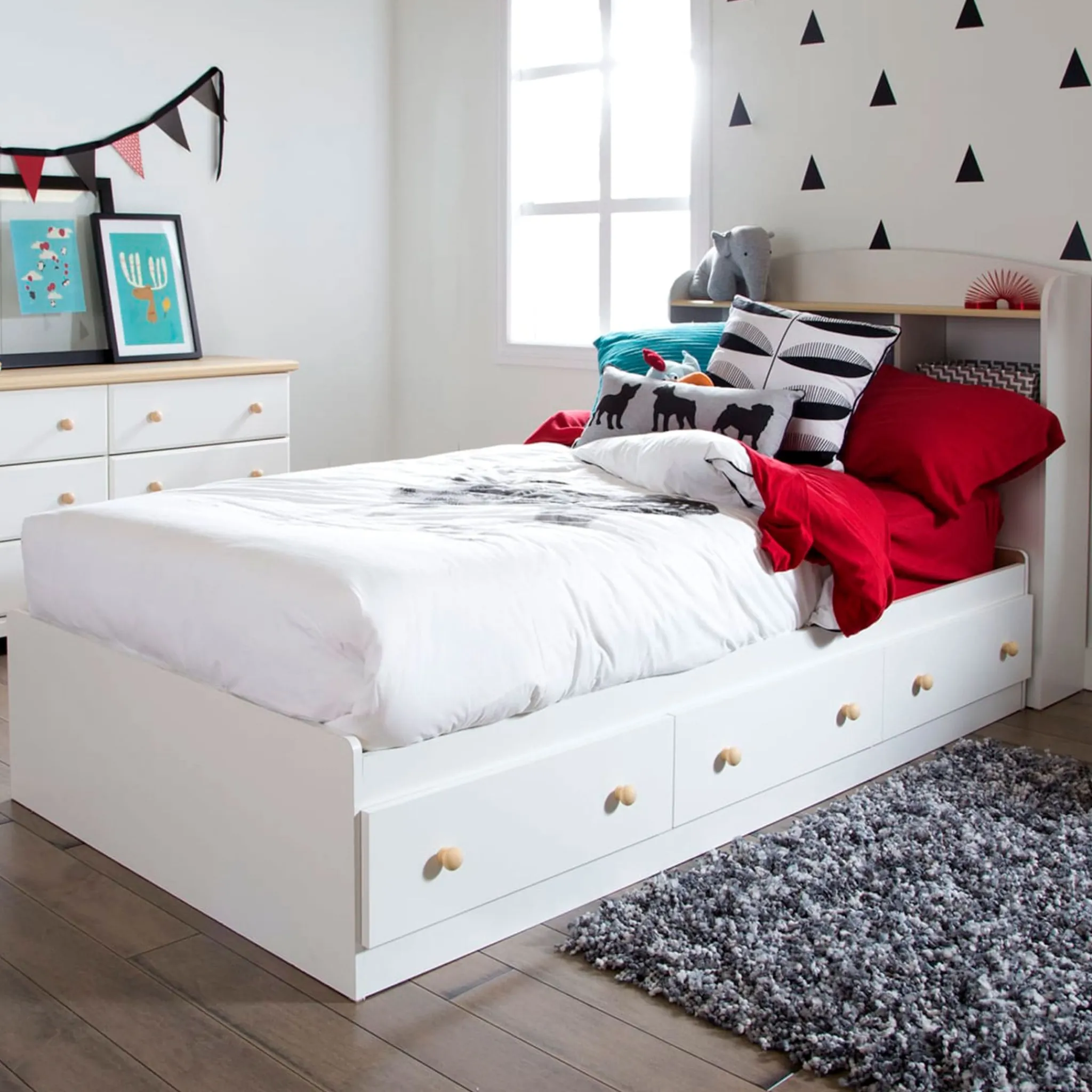 South Shore Twin, Full & Queen Beds>Summertime Twin Mates Bed with 3 Drawers - Pure White