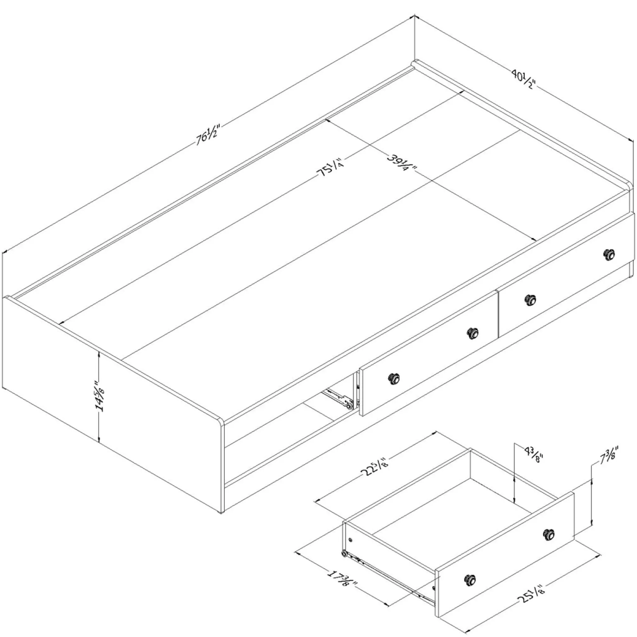 South Shore Twin, Full & Queen Beds>Summertime Twin Mates Bed with 3 Drawers - Pure White