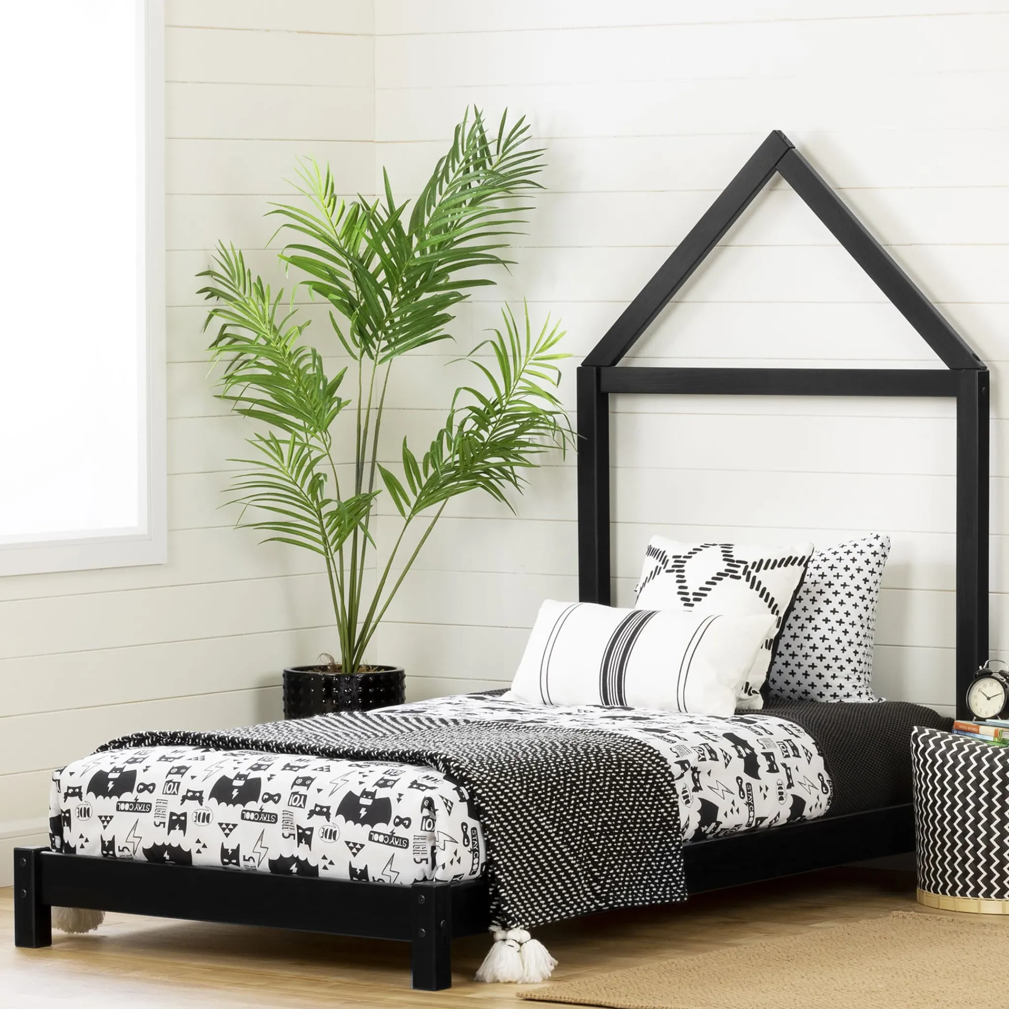 South Shore Twin, Full & Queen Beds>Sweedi Bed with House Bed Frame Headboard - Matte Black