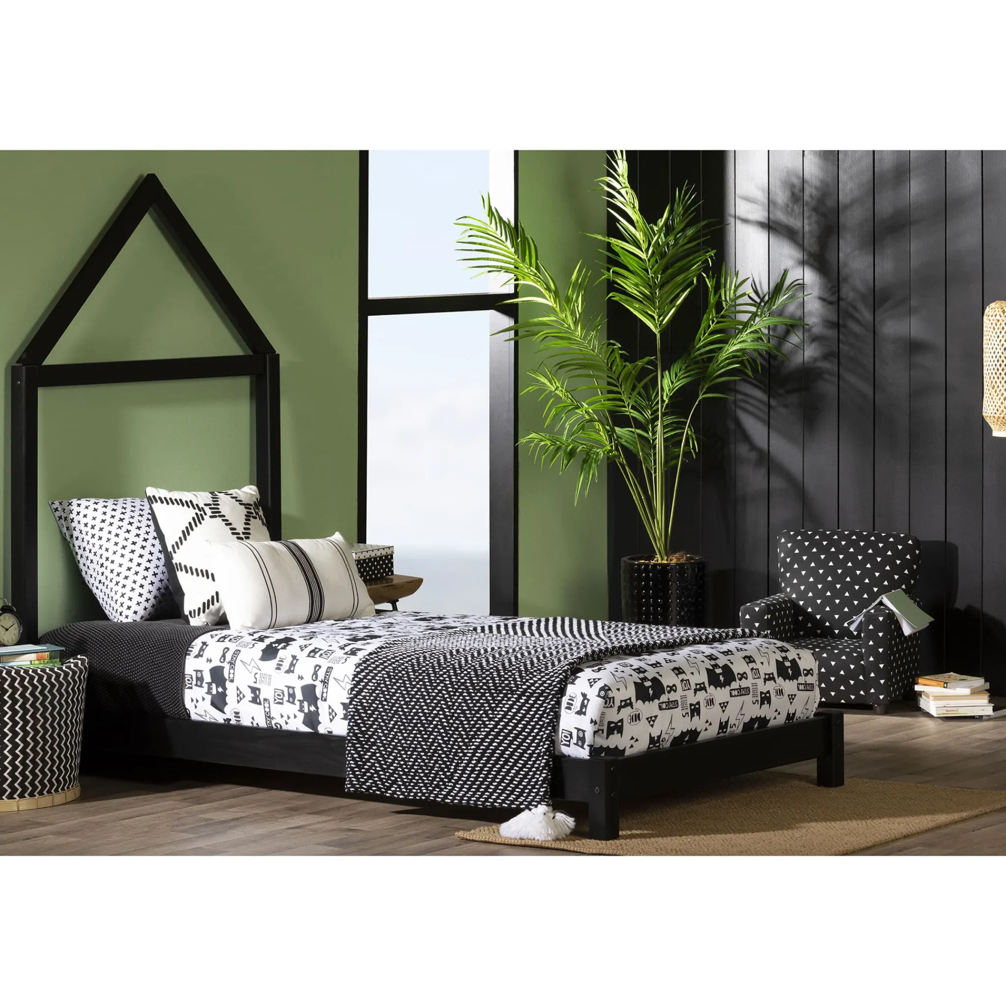South Shore Twin, Full & Queen Beds>Sweedi Bed with House Bed Frame Headboard - Matte Black