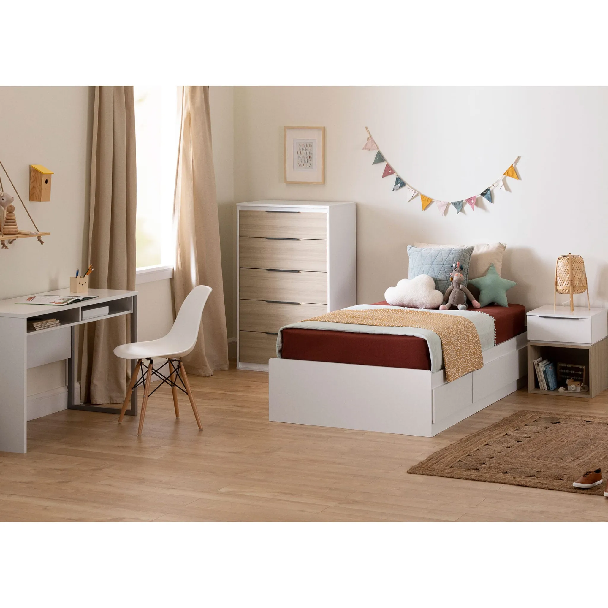 South Shore Twin Mates Bed with 3 Drawers - Hourra Pure White