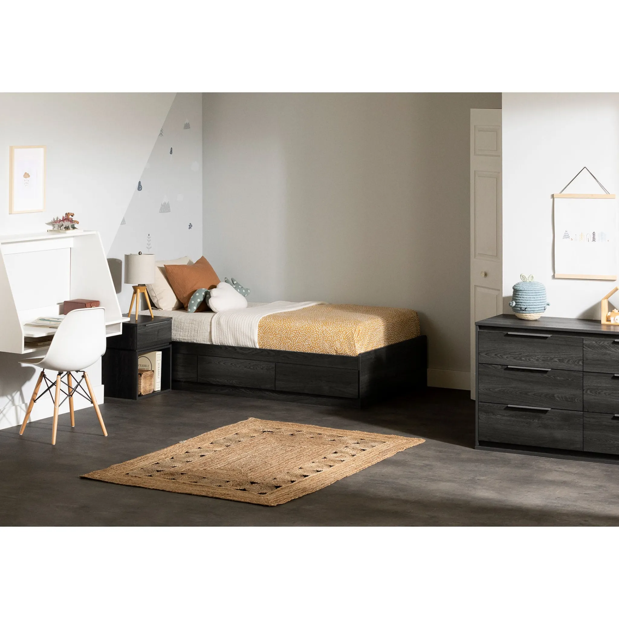 South Shore Twin, Full & Queen Beds>Twin Mates Bed with 3 Drawers - Hourra Gray Oak