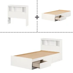 South Shore Twin Mates Bed With Bookcase Headboard Set - Reevo Pure White