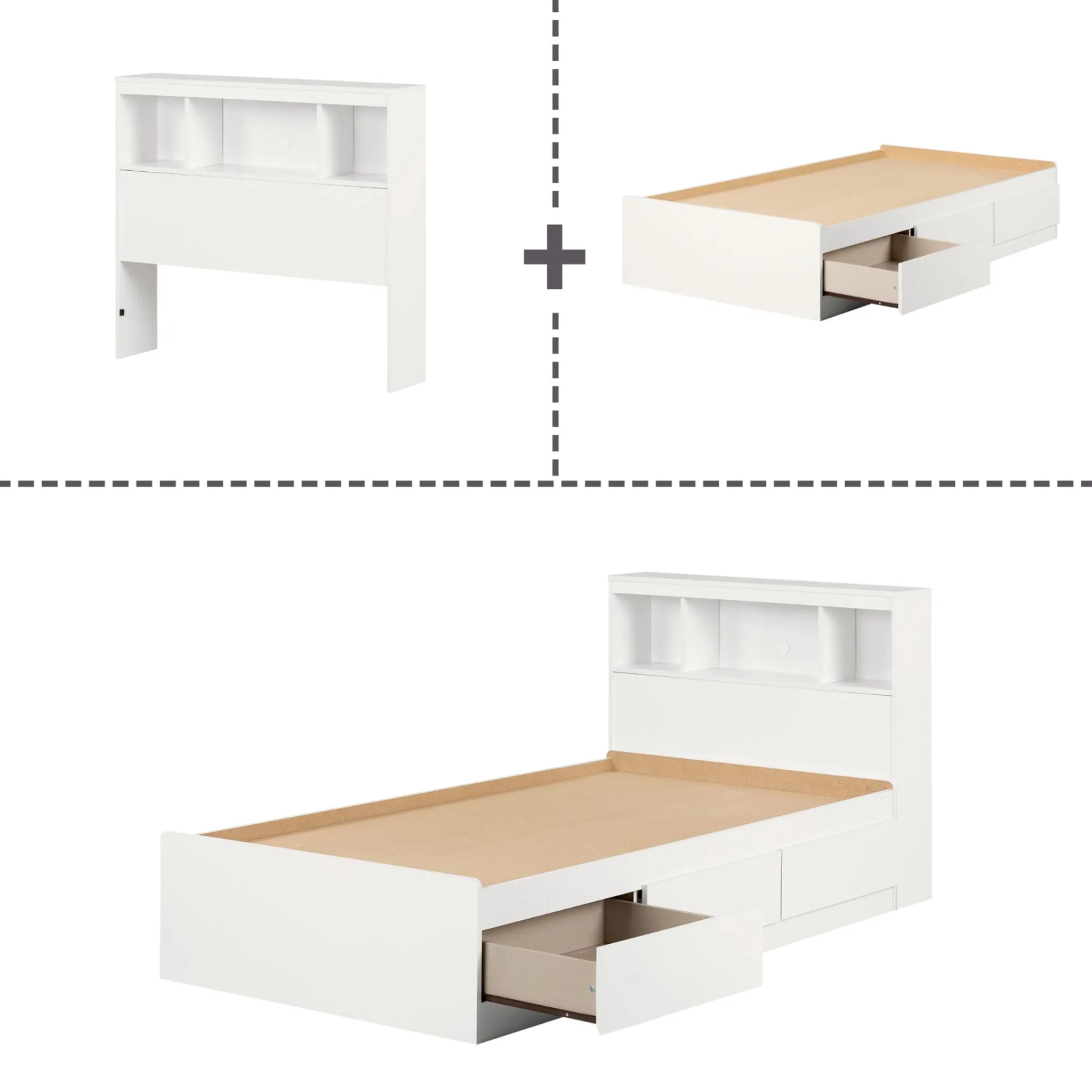 South Shore Twin Mates Bed With Bookcase Headboard Set - Reevo Pure White