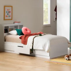 South Shore Twin Mates Bed With Bookcase Headboard Set - Reevo Pure White