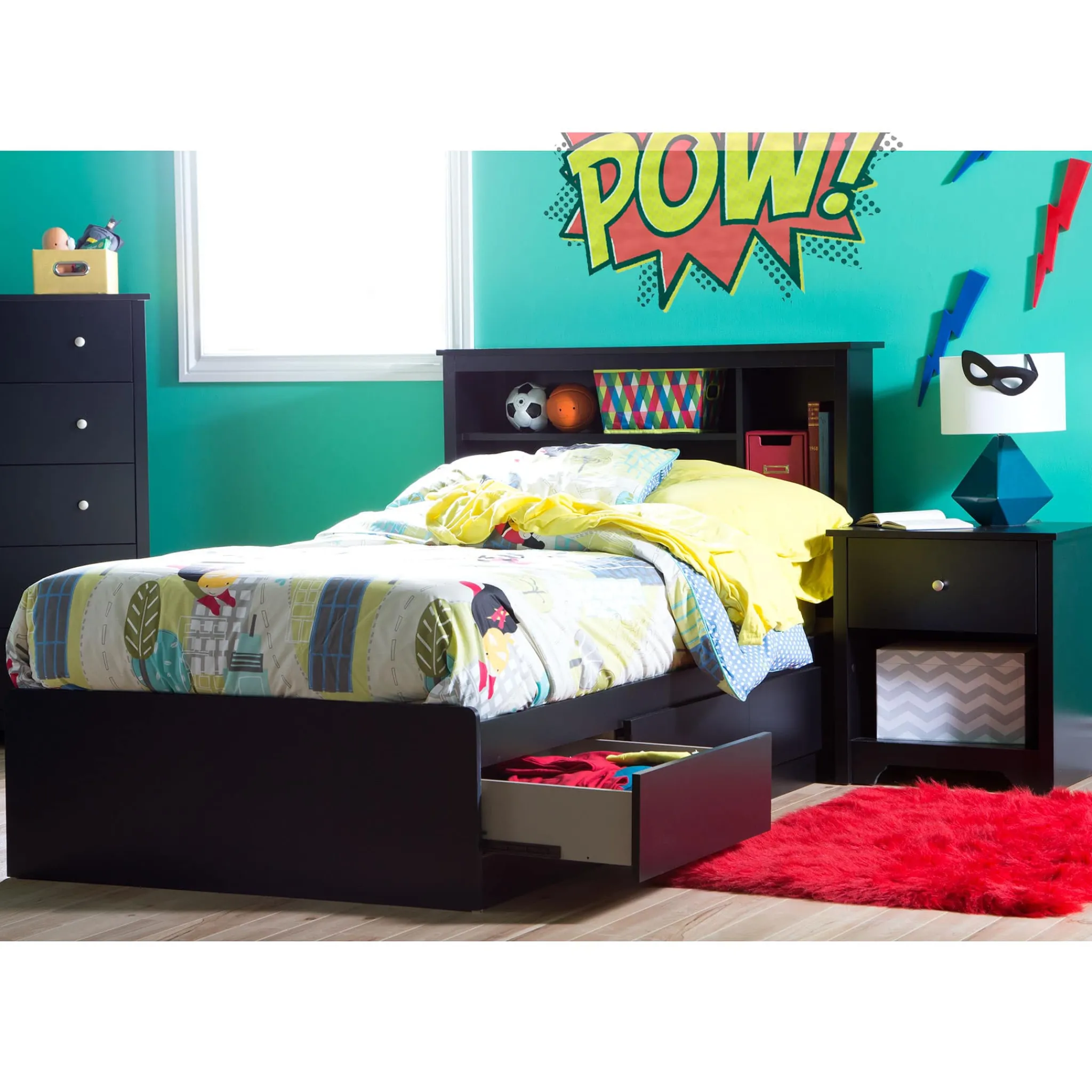 South Shore Twin, Full & Queen Beds>Twin Mates Bed With Bookcase Headboard Set - Vito Pure Black