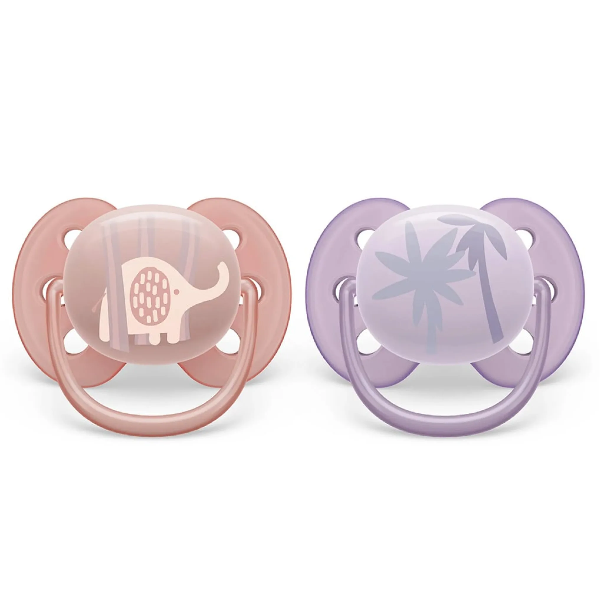 Philips Avent Pacifiers & Clips|Pacifiers & Clips>Ultra Soft Pacifier 0-6m Lychee Elephant / Lilac Palms 2-pack