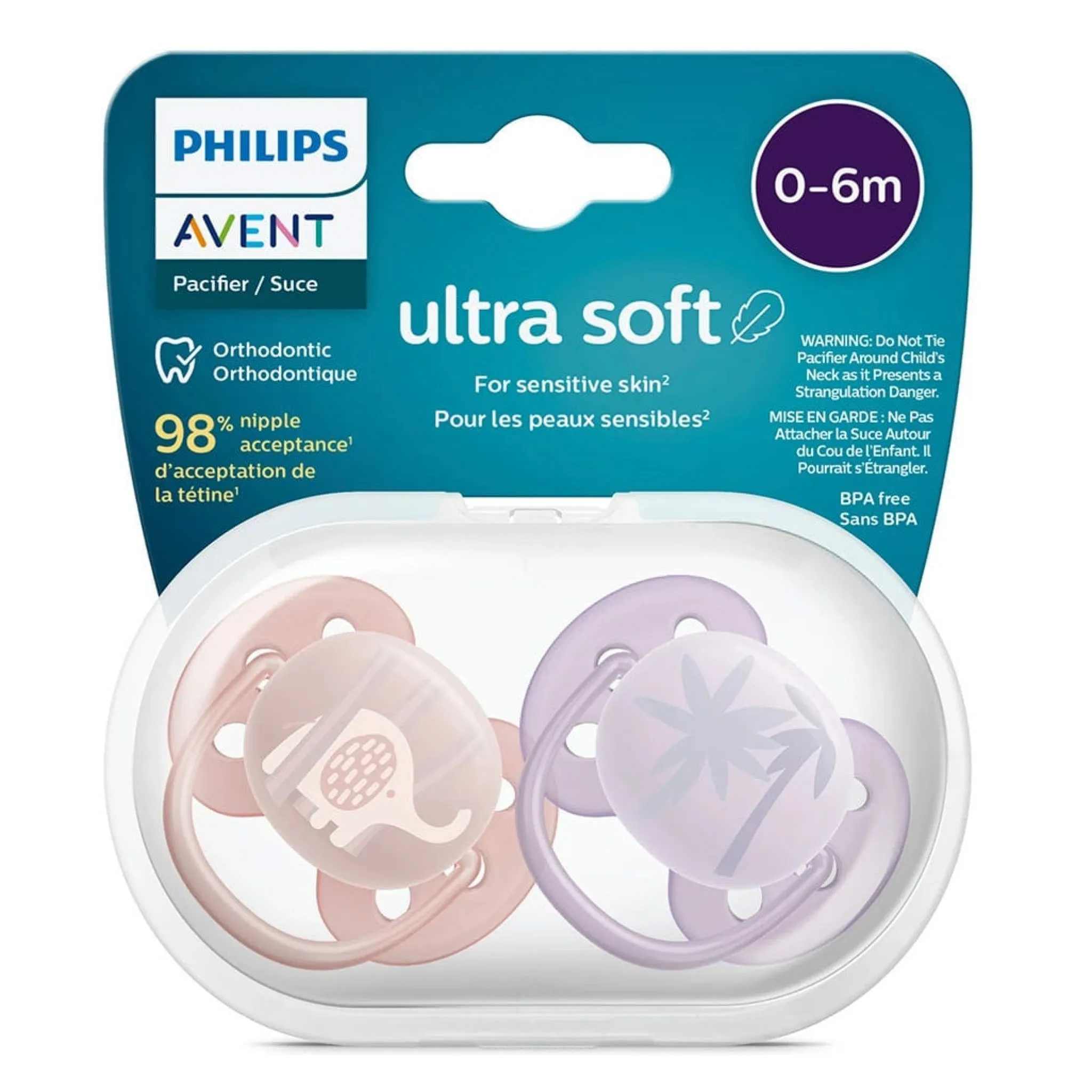 Philips Avent Pacifiers & Clips|Pacifiers & Clips>Ultra Soft Pacifier 0-6m Lychee Elephant / Lilac Palms 2-pack