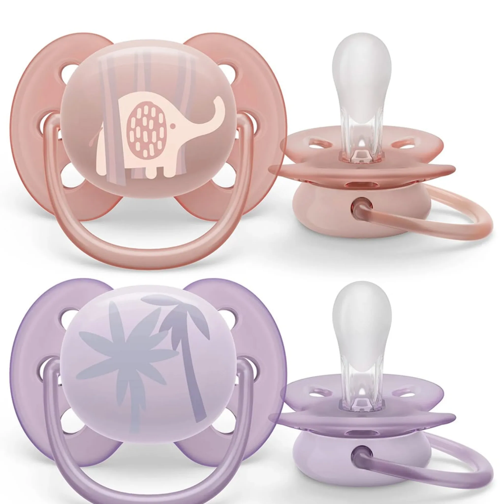 Philips Avent Pacifiers & Clips|Pacifiers & Clips>Ultra Soft Pacifier 0-6m Lychee Elephant / Lilac Palms 2-pack