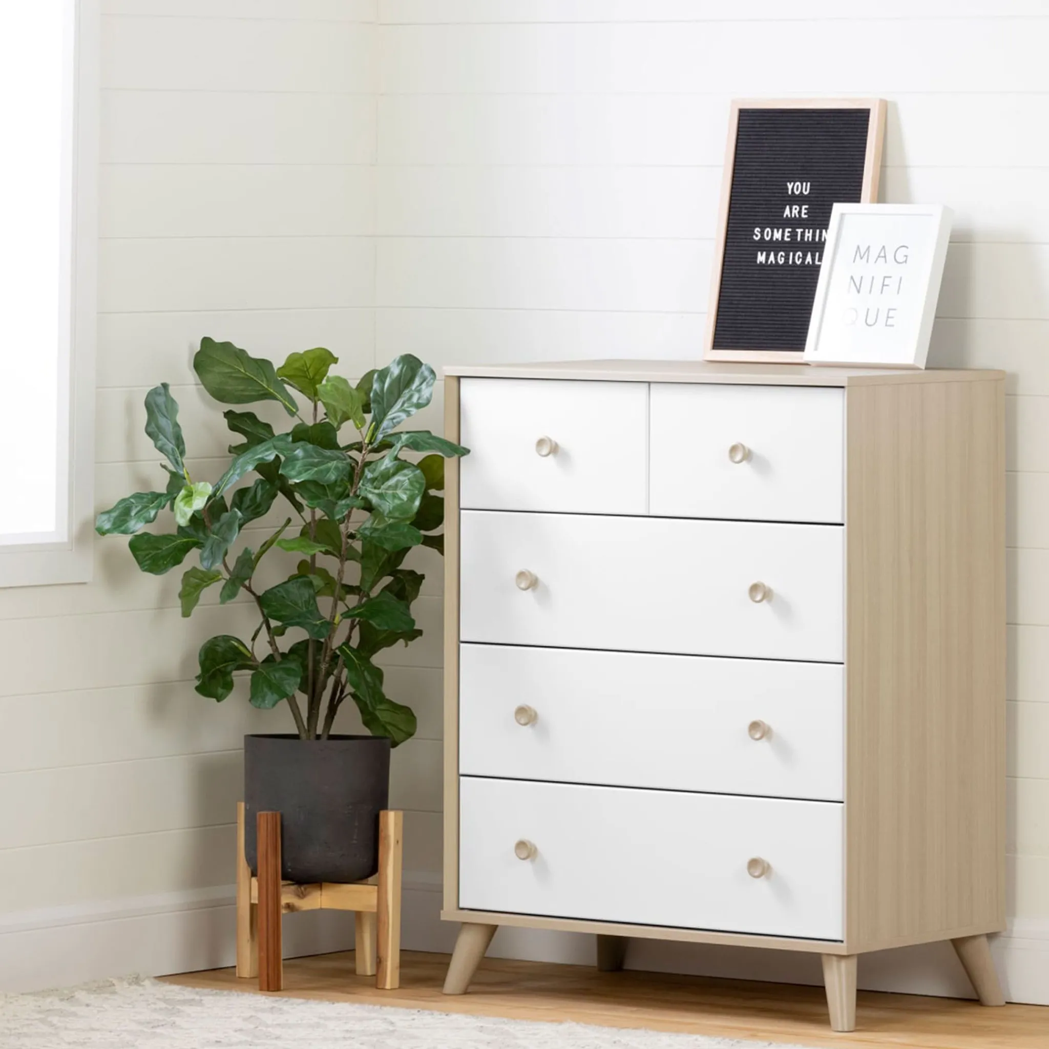 South Shore Storage Furniture>Yodi 5-Drawer Chest - Soft Elm and Pure White